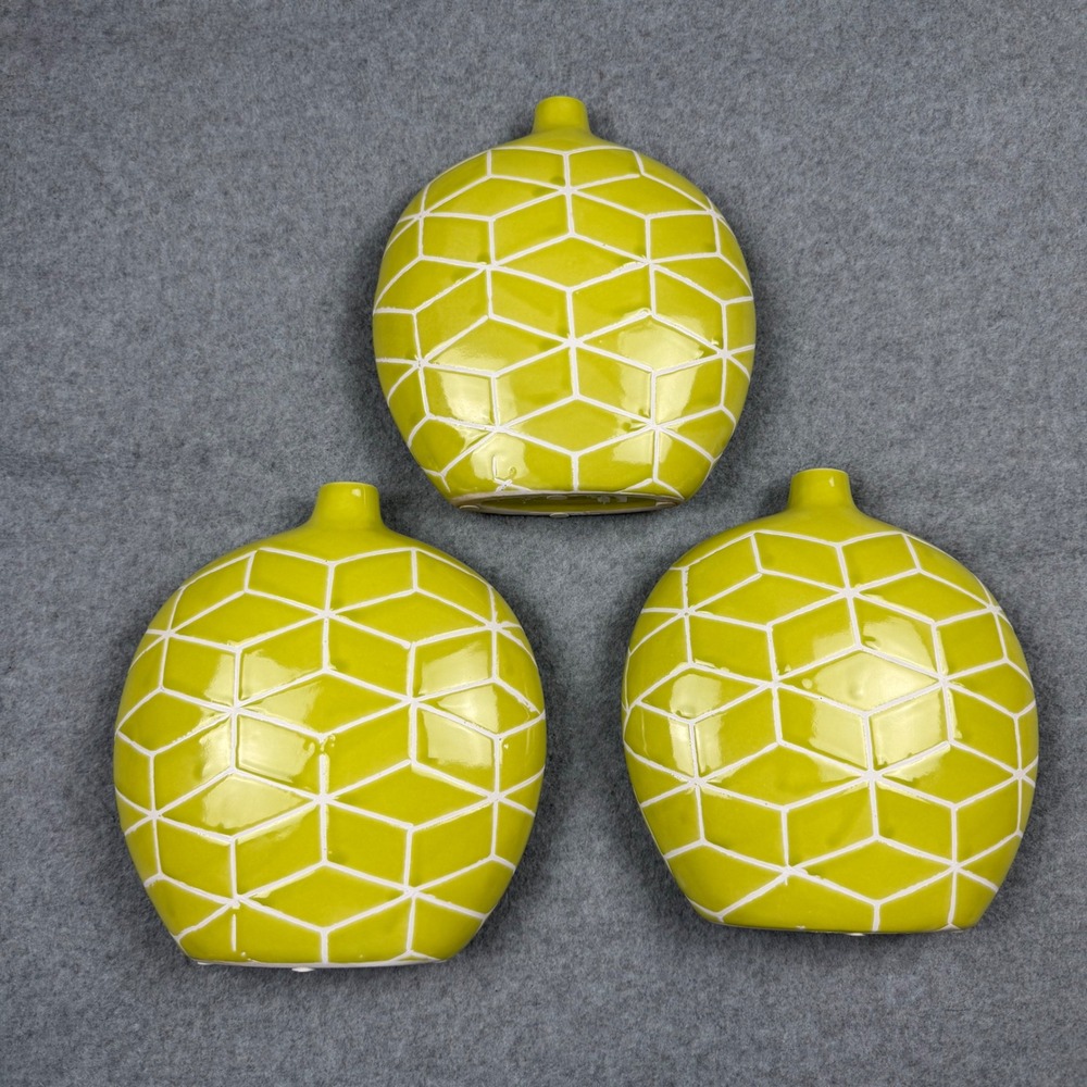 Set of 3 Lime Green Ceramic Bud Vases Geometric Honeycomb Pattern Modern Decor